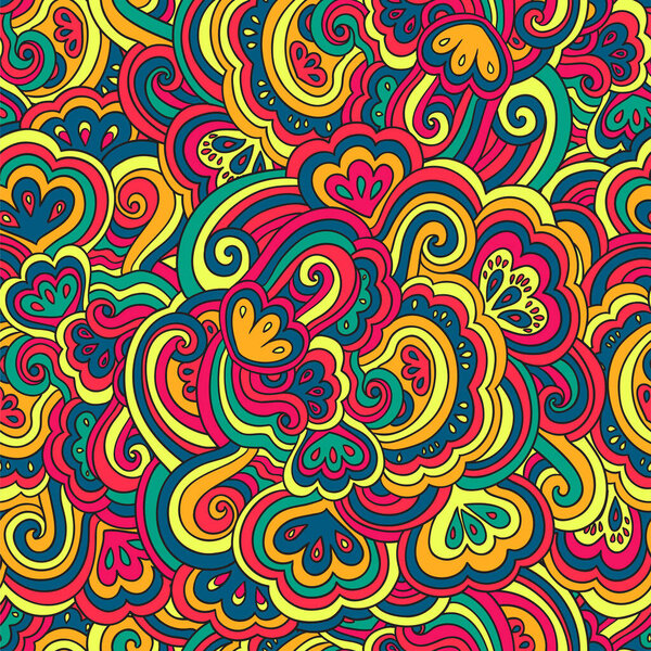 Seamless psychedelic pattern with crazy colorful ornamental elements.