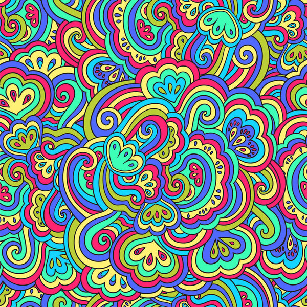 Seamless psychedelic pattern with crazy colorful ornamental elements.