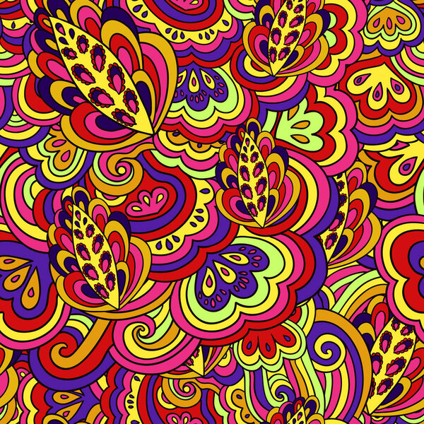 Seamless psychedelic pattern with crazy colorful ornamental elements.