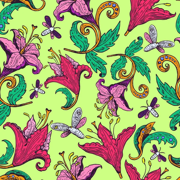 Kaliteli mürekkep zambak çiçekleri ve kelebekleri çekti. Retro dekorasyon ögeleri.