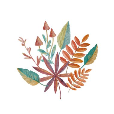 Yapraklı, mantarlı ve meyveli suluboya sonbahar kompozisyonu.