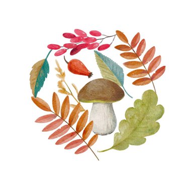 Yapraklı, mantarlı ve meyveli suluboya sonbahar kompozisyonu.