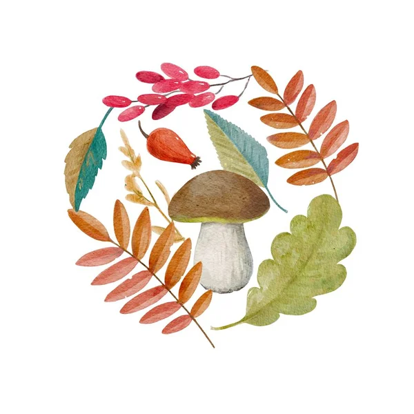 Yapraklı, mantarlı ve meyveli suluboya sonbahar kompozisyonu.