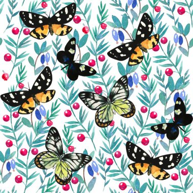 Suluboya, yabani böğürtlen ve kelebeklerle kusursuz desen 