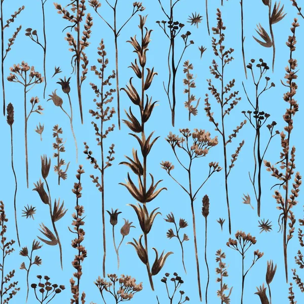 Patrón sin costuras con silueta de ramas florales de prado. Ilustración en acuarela —  Fotos de Stock