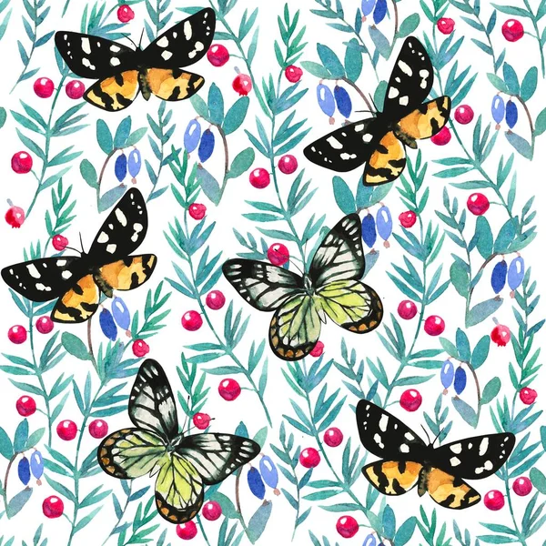 Nahtloses Muster mit Aquarell-Waldbeeren und Schmetterlingen — Stockfoto