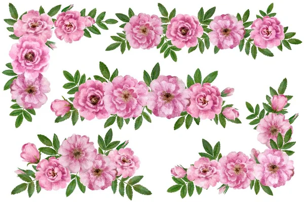 Niedliche romantische Vintage florale Kompositionen aus wilden Rosenblüten. Aquarell handgezeichnete Illustration. — Stockfoto