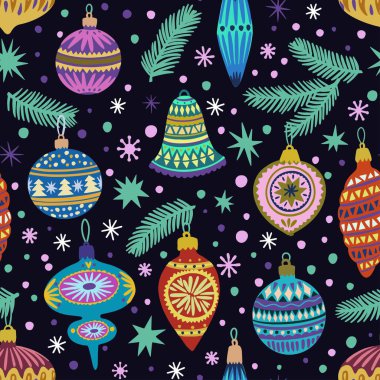 Köknar ağacı için karalama vintage Noel süslemeleri olan hoş, pürüzsüz desen.. 