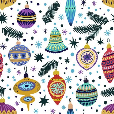 Köknar ağacı için karalama vintage Noel süslemeleri olan hoş, pürüzsüz desen.. 