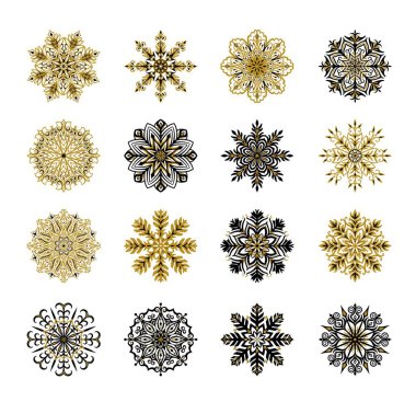 Şirin altın kar taneleri olan büyük bir set. Vektör Kış Noel ve Yeni Yıl dekorasyon elementleri koleksiyonu. 
