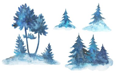 Suluboya ateş ağaçları ve dikişsiz desenli küçük evler. Sisli ateş ormanı elle boyanmış illüstrasyon.