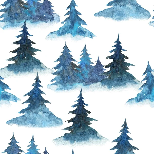 Modello senza soluzione di continuità con alberi di fuoco ad acquerello. Spruzzi e pini, foresta dipinta a mano illustrazione. — Foto Stock