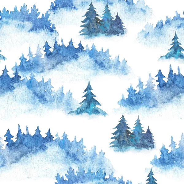 Seamless pattern with watercolor fire trees. Spruces and pines, forest hand painted illustration.
