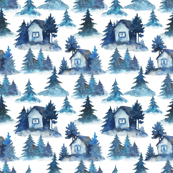 Árvores de fogo aquarela e pequenas casas sem costura padrão. Floresta de fogo nebuloso pintado à mão ilustração. — Fotografia de Stock