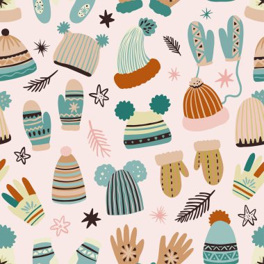 Kışlık kıyafetlerin, şapkaların, eldivenlerin ve eldivenlerin hoş vektörsüz deseni. Serbest çizilmiş karalama ögeleri. 