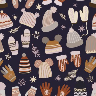 Kışlık kıyafetlerin, şapkaların, eldivenlerin ve eldivenlerin hoş vektörsüz deseni. Serbest çizilmiş karalama ögeleri. 