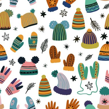 Kışlık kıyafetlerin, şapkaların, eldivenlerin ve eldivenlerin hoş vektörsüz deseni. Serbest çizilmiş karalama ögeleri. 