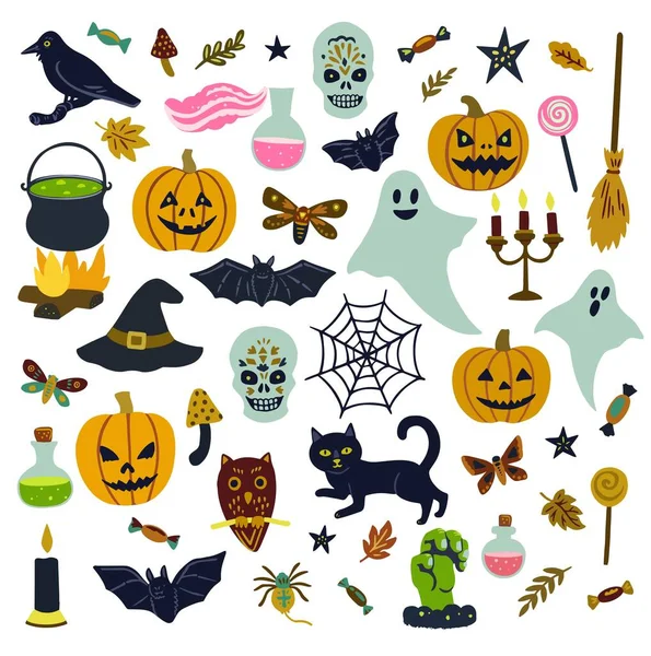 Grote set leuke Halloween clip art. Boze pompoenen, vleermuizen en andere elementen en dieren. — Stockvector