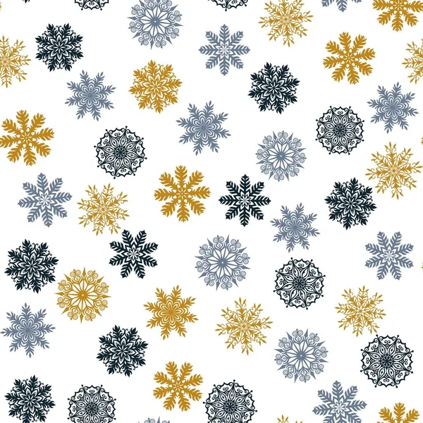 Seamless pattern with cute golden original snowflakes. — Stock Vector