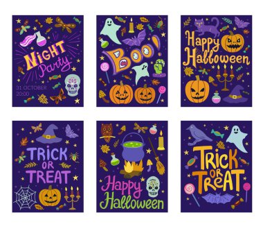 6 vektör şirin çizgi film Cadılar Bayramı afişlerinden oluşan set.