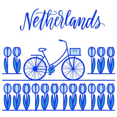 Hattı sanat illüstrasyon mavi Delft renklerde laleler alan ve bisiklet. Hollanda seyahat!