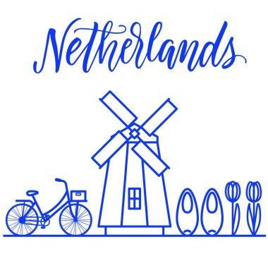 Hollanda hat sanat illüstrasyon yel değirmeni ile delfts mavi renkte bisiklet, ayağı ve laleler.