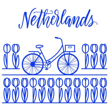 Hollanda seyahat! Lale alan ve bisiklet hat sanat illüstrasyon.