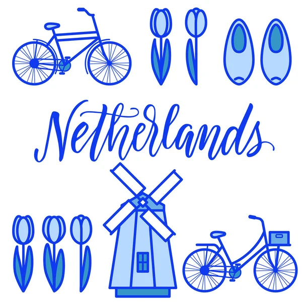 Nederland Pictogrammen Delft Blauw Kleuren Fiets Tulpen Clomps Windmolen — Stockvector