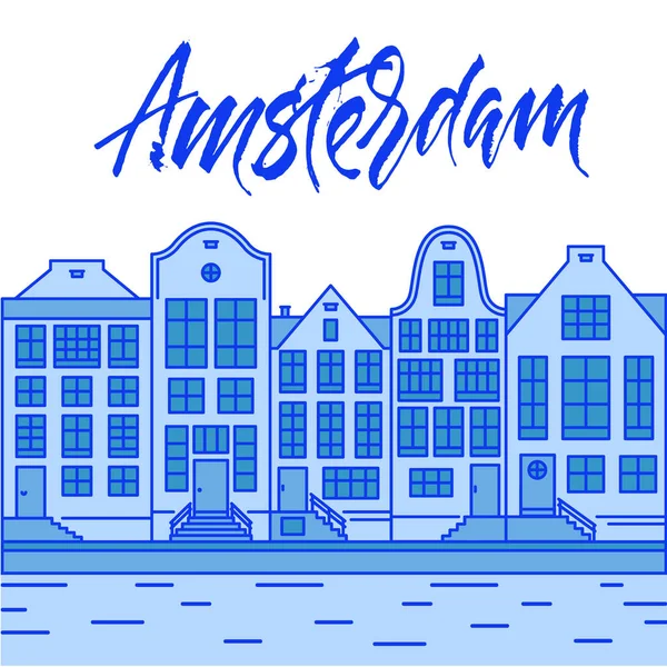 Amsterdam Ciudad Delft Azul Ilustración Con Casas Típicas Holandesas Canal — Archivo Imágenes Vectoriales