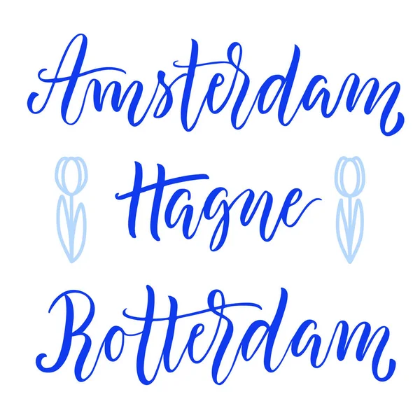 Amsterdam Haya Rotterdam Caligrafía Moderna Delft Colores Azules — Archivo Imágenes Vectoriales