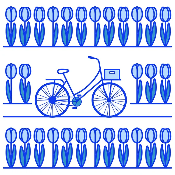 Pola Tulipanów Rowerów Delft Niebieski Kolor Ilustracja Linia Holandia — Wektor stockowy