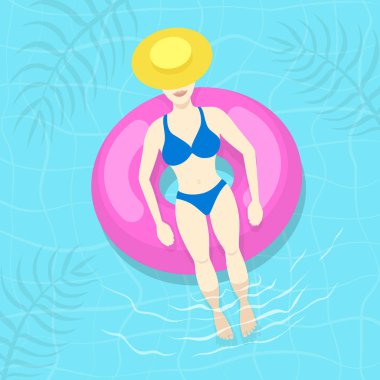 Kadın şapka ve yüzme havuzu Şişme halkada döşeme zevk bikini.