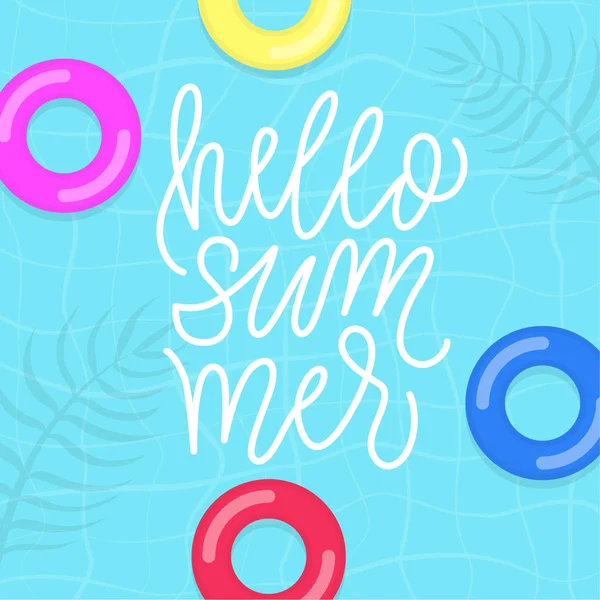 Yaz illüstrasyon Yüzme Havuzu, şişme yüzük ve modern hat ile Merhaba.