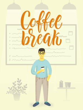 Kahve asılı ve gülümseyen bir ofis boy karakter. Bir ara örnek süre.