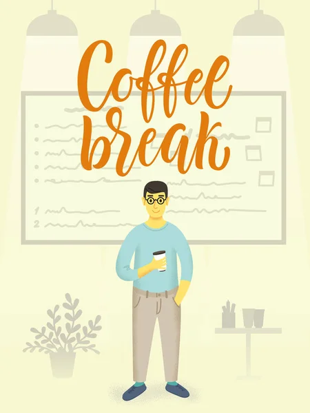 Office Boy Charakter Hängende Tasse Kaffee Und Lächelt Zeit Für — Stockvektor