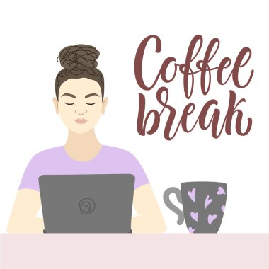 Kahve molası! Yazı ve çalışma office kız illüstrasyon.