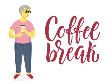 Kahve molası konsept illüstrasyon yazı ve komuta sizde karakter holding ile kahve.