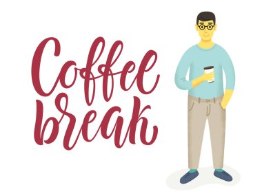 Kahve molası konsept illüstrasyon yazı ve genç adam karakter gülümseyen ve kahve holding ile.