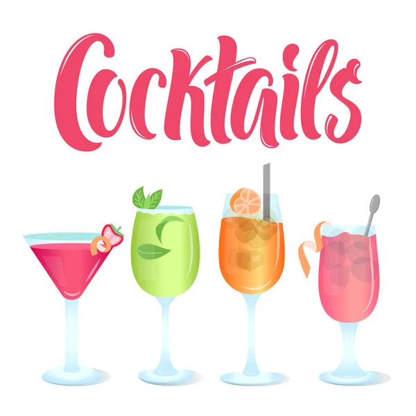 Cocktails Menüvorlage Mit Vektorgläsern Unterschiedlicher Art Cocktails Und Schriftzug — Stockvektor