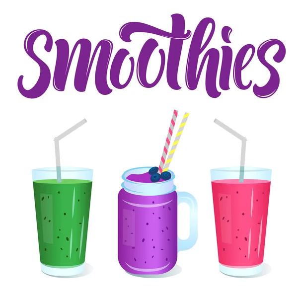 Modelo Menu Smoothies Com Óculos Vetoriais Frasco Smoothie Lettering Sinal — Vetor de Stock