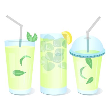 Nane yaprağı ve limon dilimi ile limonata gözlük simgeler kümesi. Alkolsüz içecekler menü tasarımı için kullanılabilir.