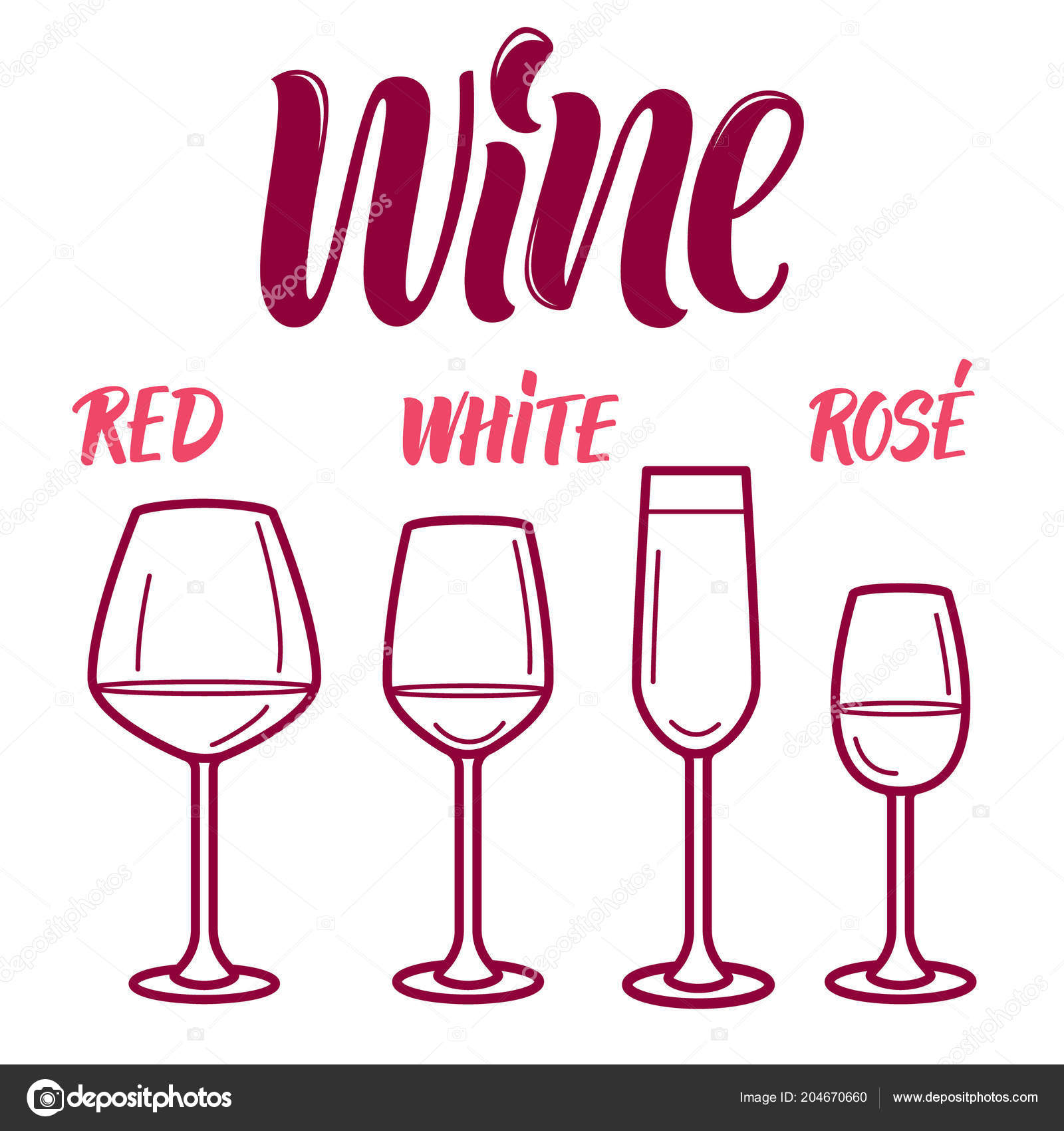 Wine Menu Line Art Lettering Different Types Wine Glasses Stock Vector ...