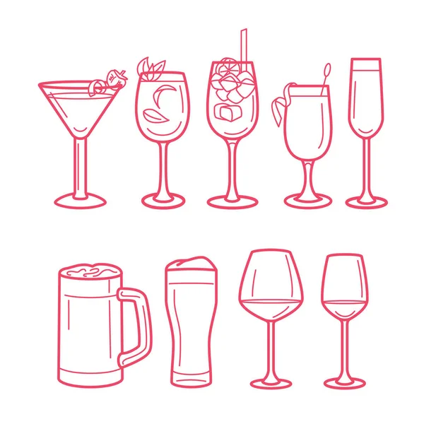 Bebidas Alcoólicas Linha Menu Ilustrações Arte Diferentes Tipos Copos Bar — Vetor de Stock