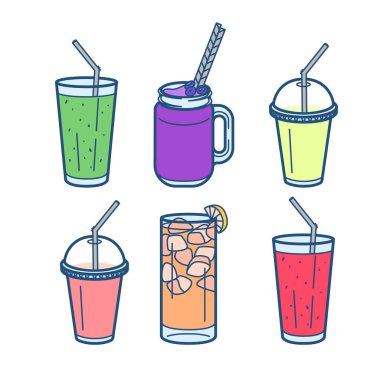 Yumuşak kümesi satır sanat simgeler içecekler: meyve suyu, güler yüzlü, limonata gözlük.