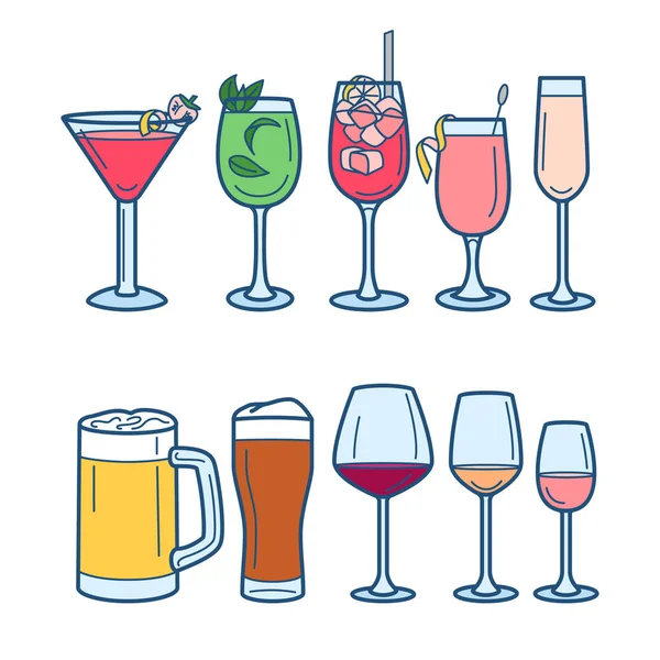 Set Van Alcohol Drinkt Lijn Kunst Pictogrammen Wijn Cocktails Bier — Stockvector