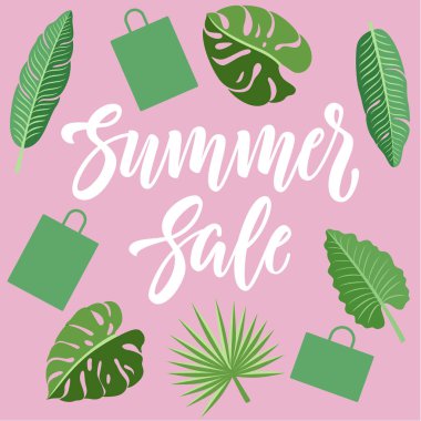 Tropikal yaprak ve alışveriş torbaları sembolleri ve pembe bir arka plan üzerinde yazı ile yaz satış konsept tasarımı