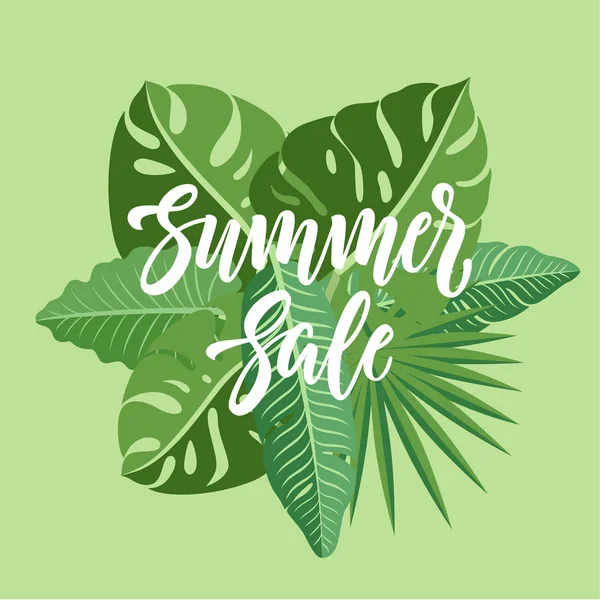 夏の緑の背景に熱帯の葉の束で販売レタリング — ストックベクタ