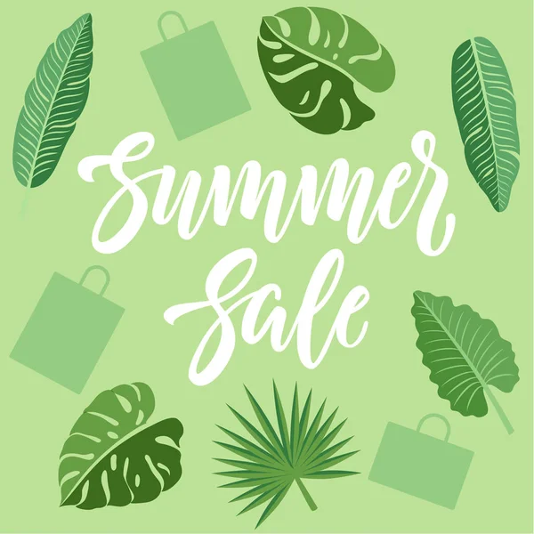 熱帯の葉とショッピング バッグ シンボル緑の背景にレタリングと夏の販売コンセプト デザイン — ストックベクタ