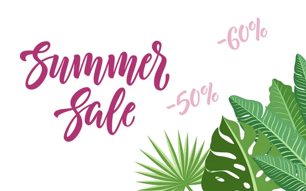 夏のレタリングと販売水平バナー デザインと熱帯のベクトルの白い背景の葉 — ストックベクタ
