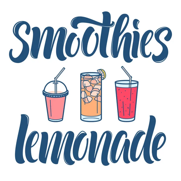 酒吧菜单设计的冰沙和柠檬水刻字和线条艺术眼镜 — 图库矢量图片